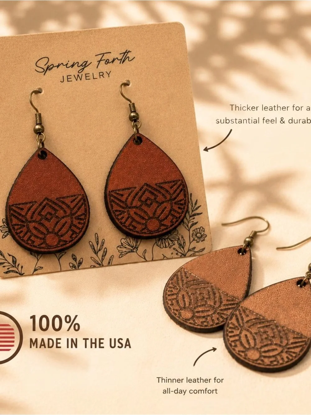 Handcrafted Brown Leather Teardrop Earrings - Rustic Boho Style